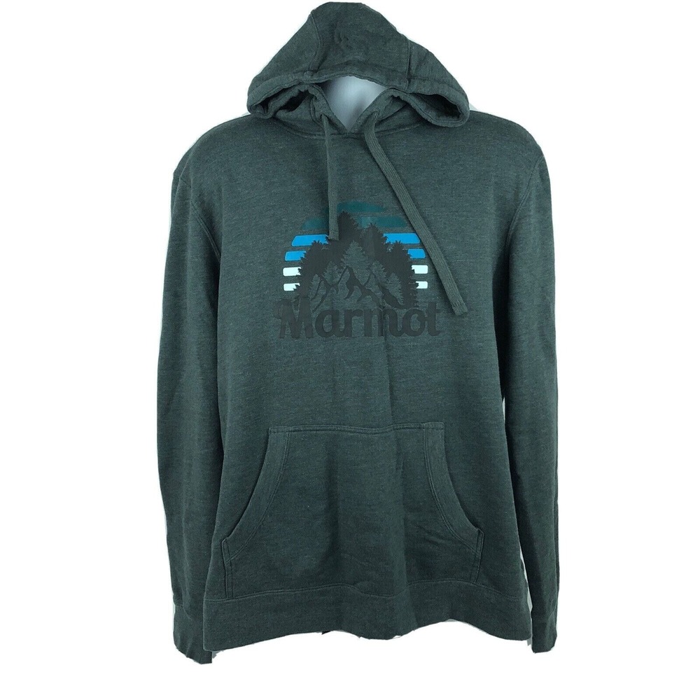 Marmot Men's Front Pouch‎ Hoodie Sweatshirt Size Large Gray Hike Mountain Design